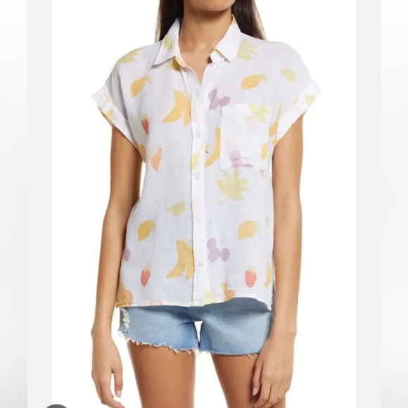 Rails linen blend button short sleeve fruits print white blouse - Picture 1 of 7